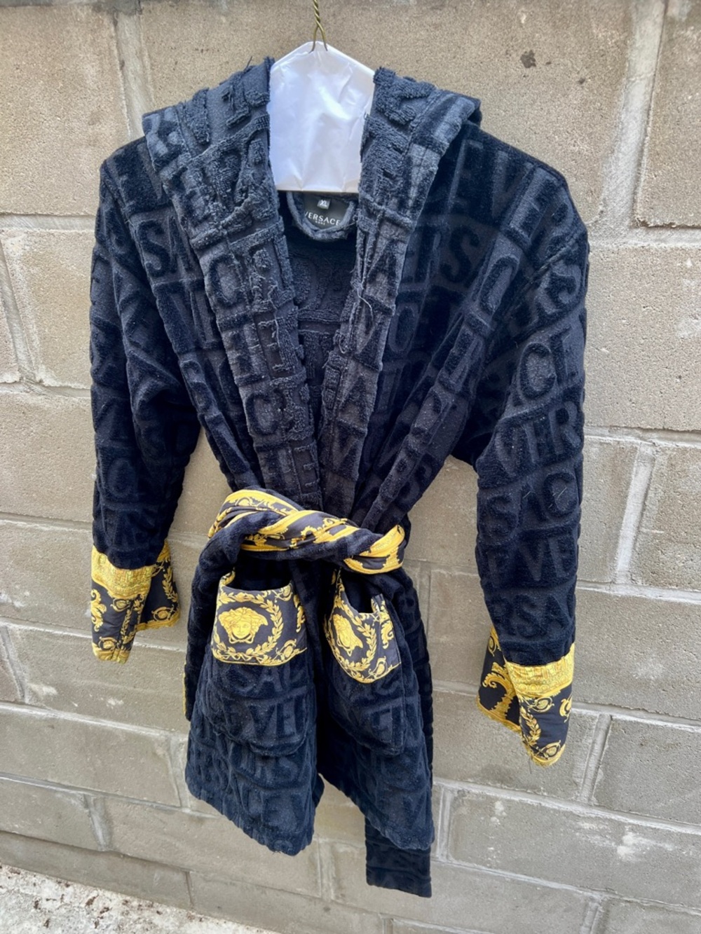 Versace Black Hooded I ♡ Baroque Short Bathrobe.